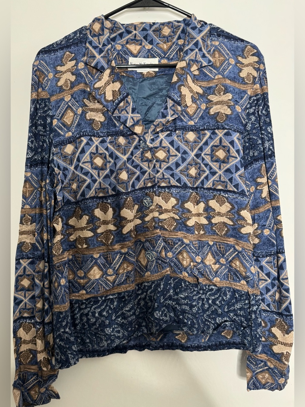 Norton McNaughton Blue & Tan Patterned Button-Front Women's Shirt size MD Aztec